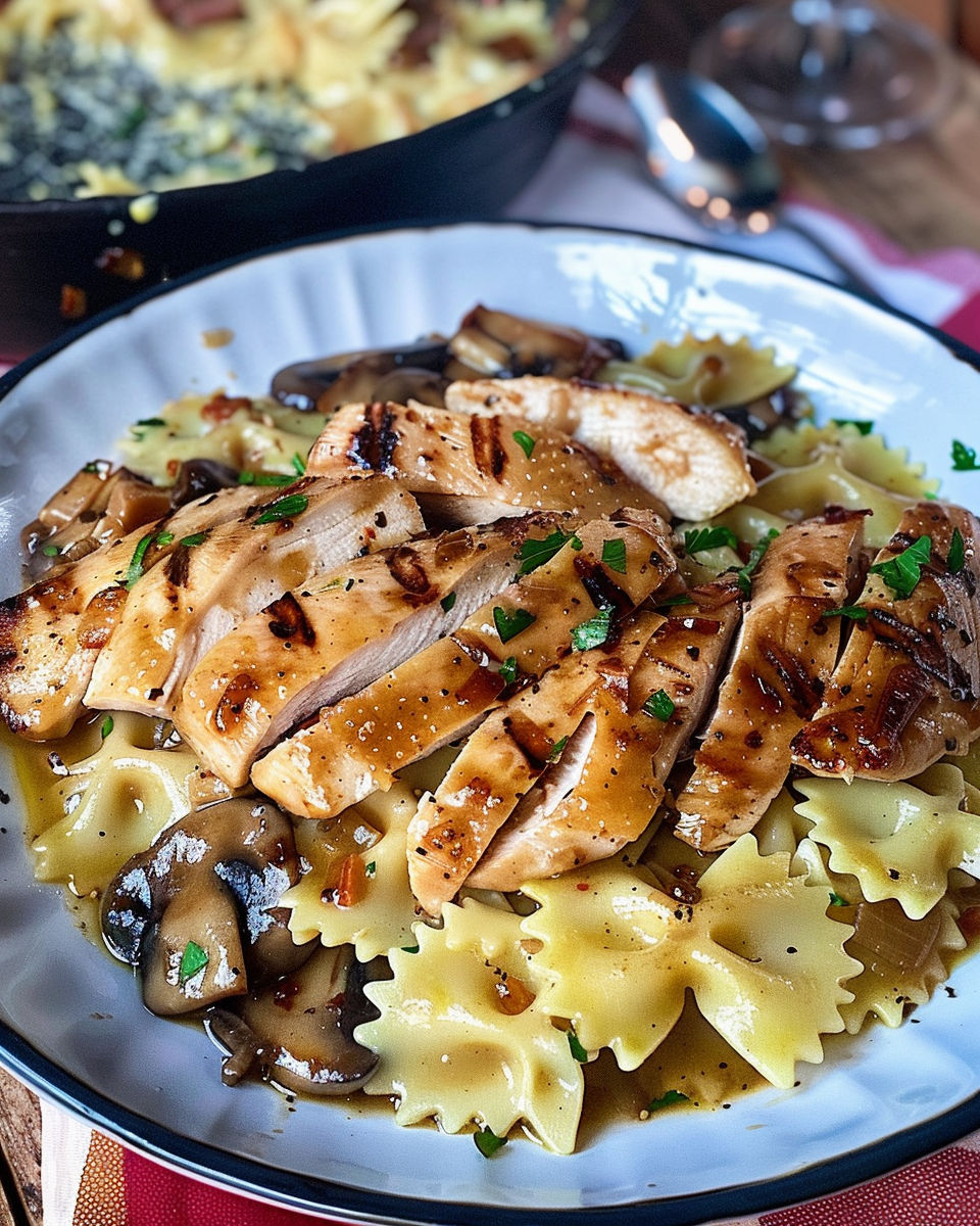 A plate of food with chicken and mushrooms.