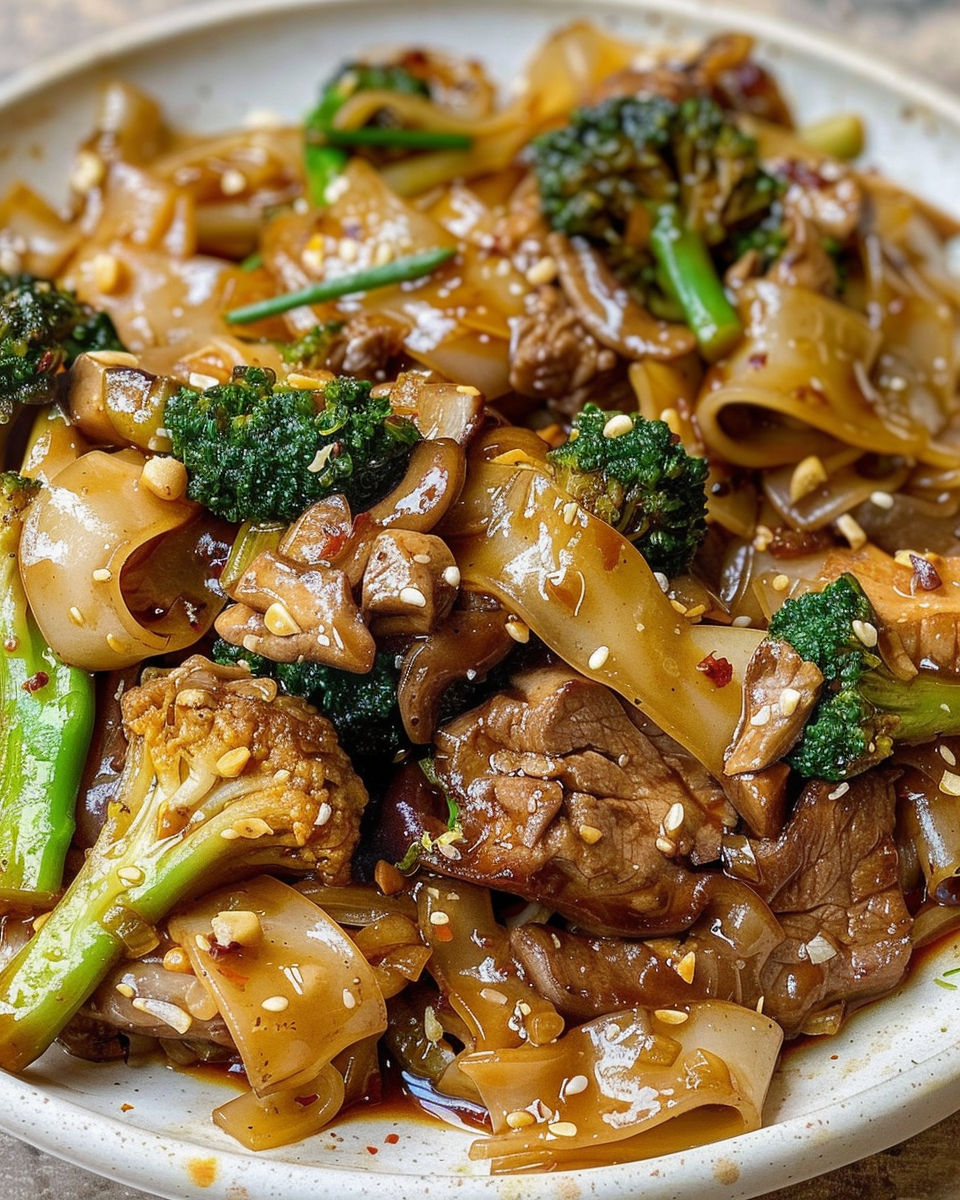 A plate of food with noodles, meat, and broccoli.
