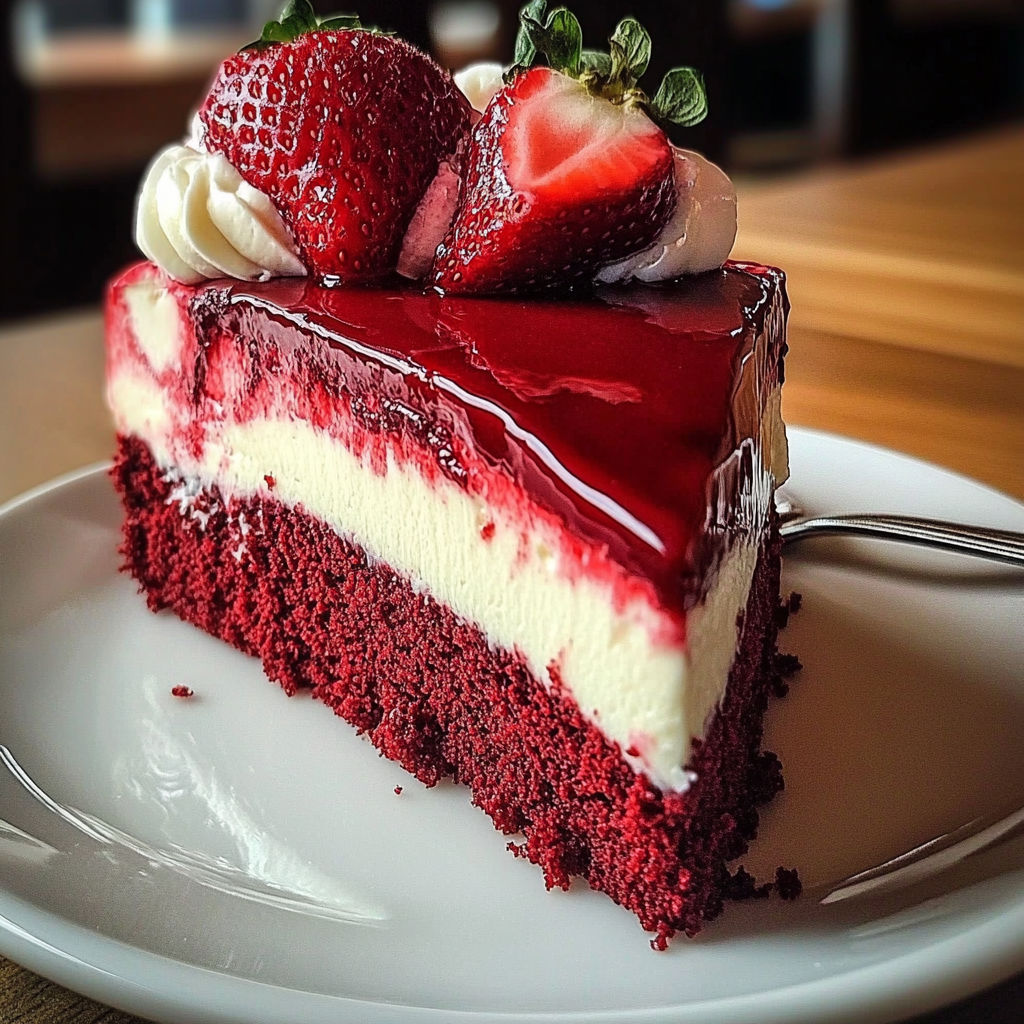 A slice of red velvet strawberry delight.