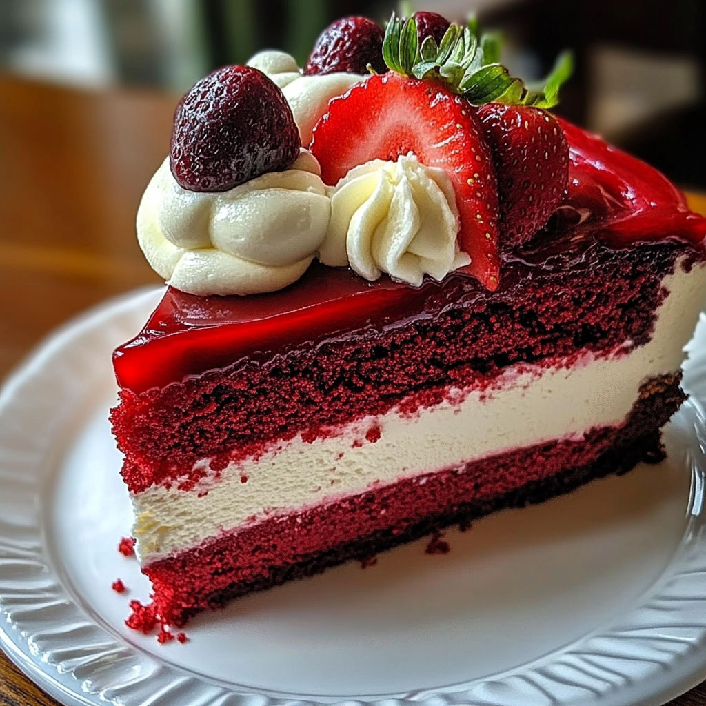 A slice of red velvet cake with strawberries on top.
