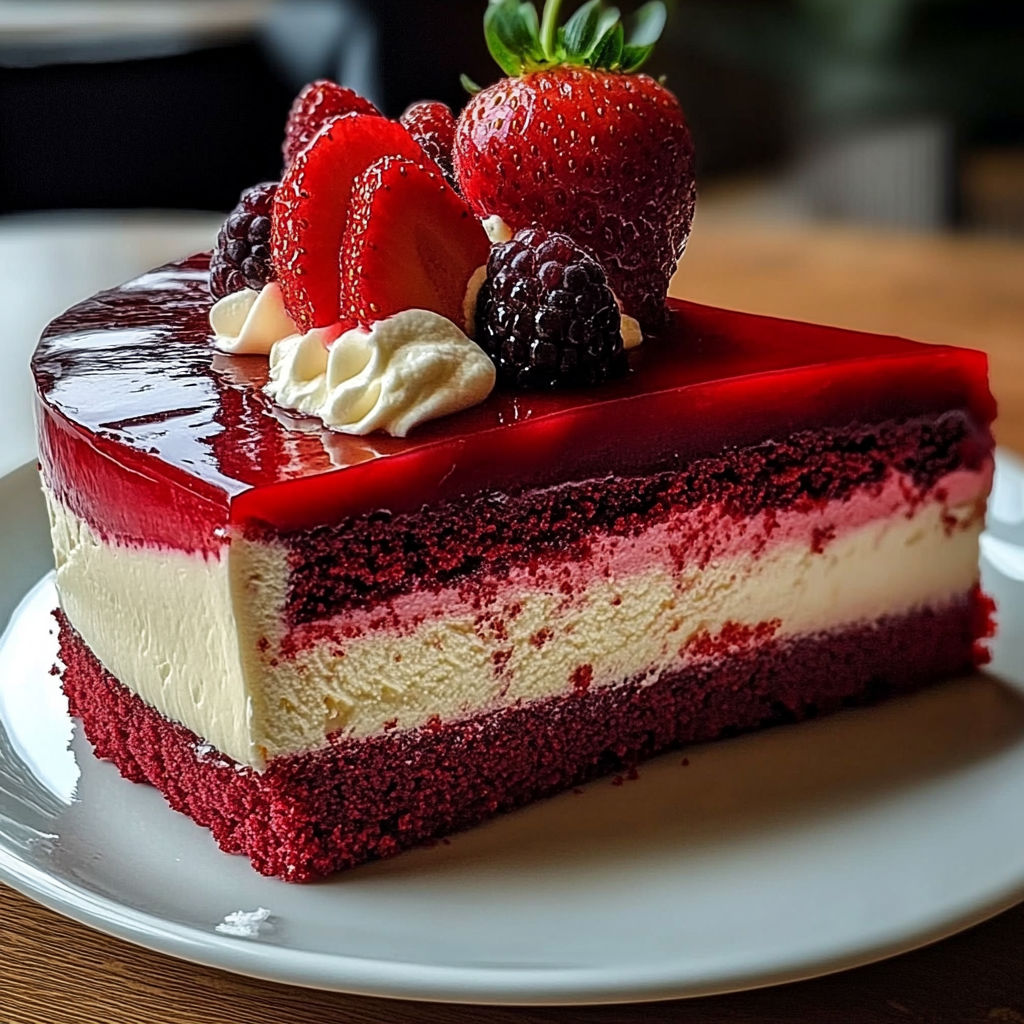 A slice of red velvet strawberry delight cake.