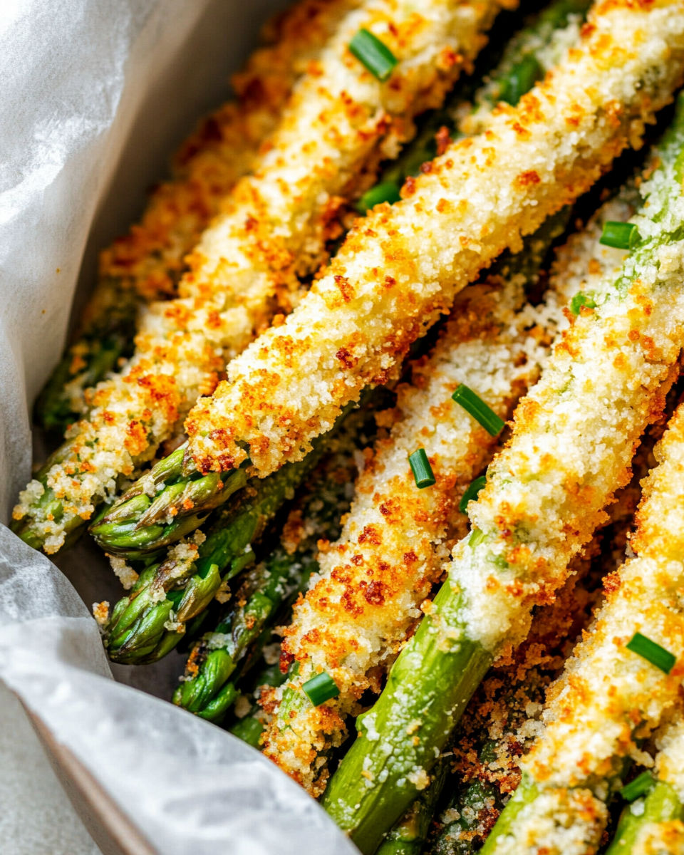 A close up of crispy Parmesan asparagus sticks.