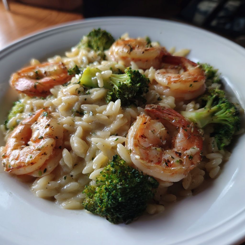 A plate of shrimp and broccoli.