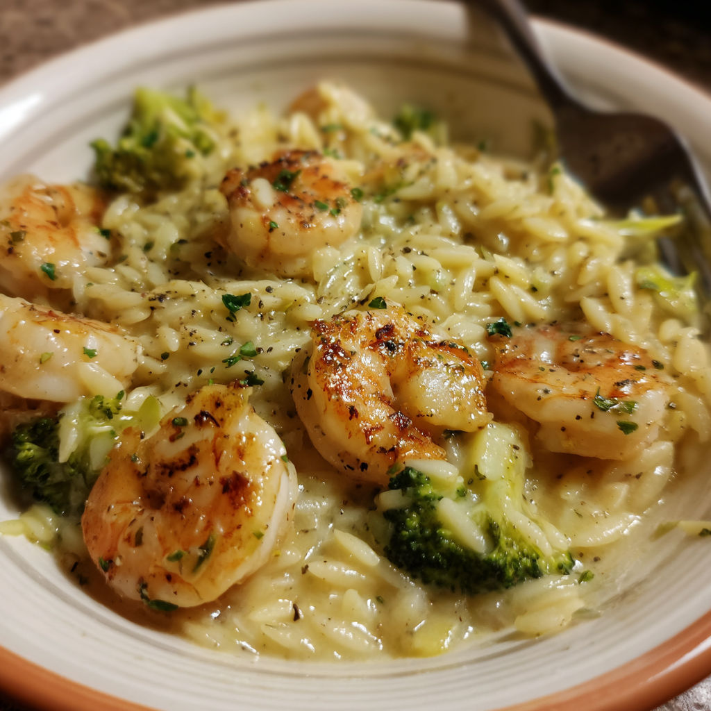 A plate of shrimp and broccoli.