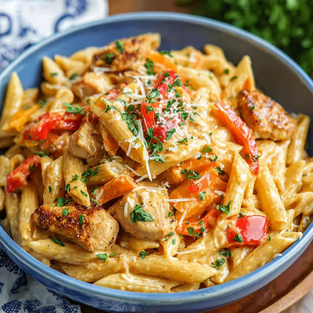 A bowl of pasta with chicken and tomatoes.