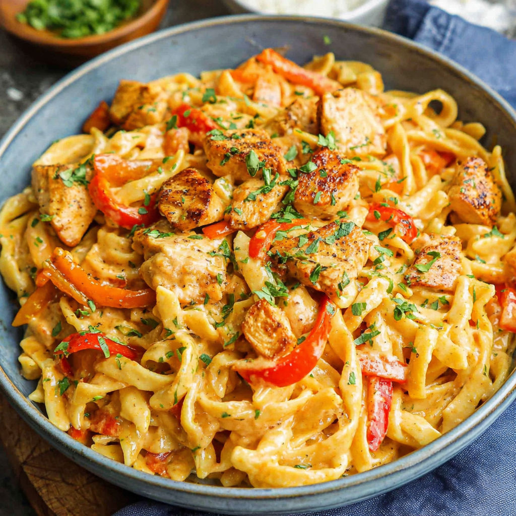 A bowl of pasta with meat and vegetables.