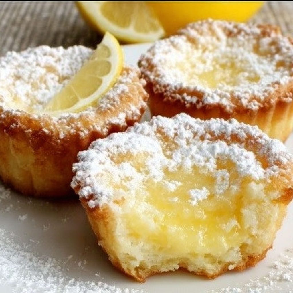 Three mini baby lemon pies with powdered sugar on top.