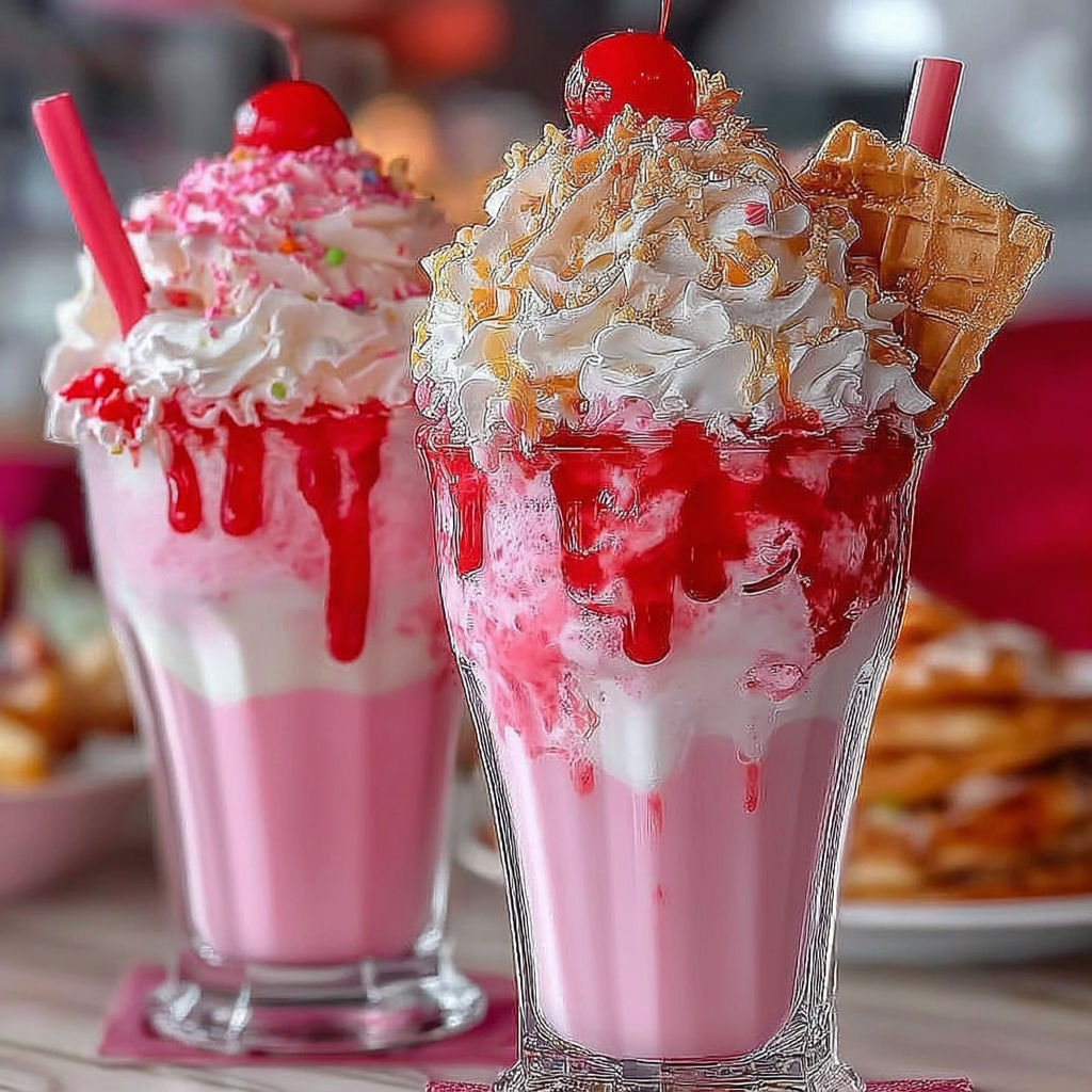 Two pink paradise freakshakes with whipped cream and cherries.