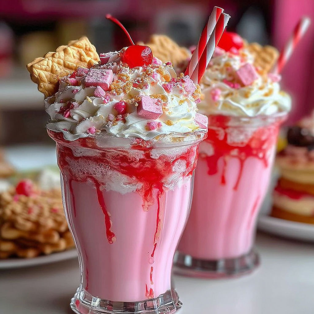 Two pink paradise freakshakes with red straws.