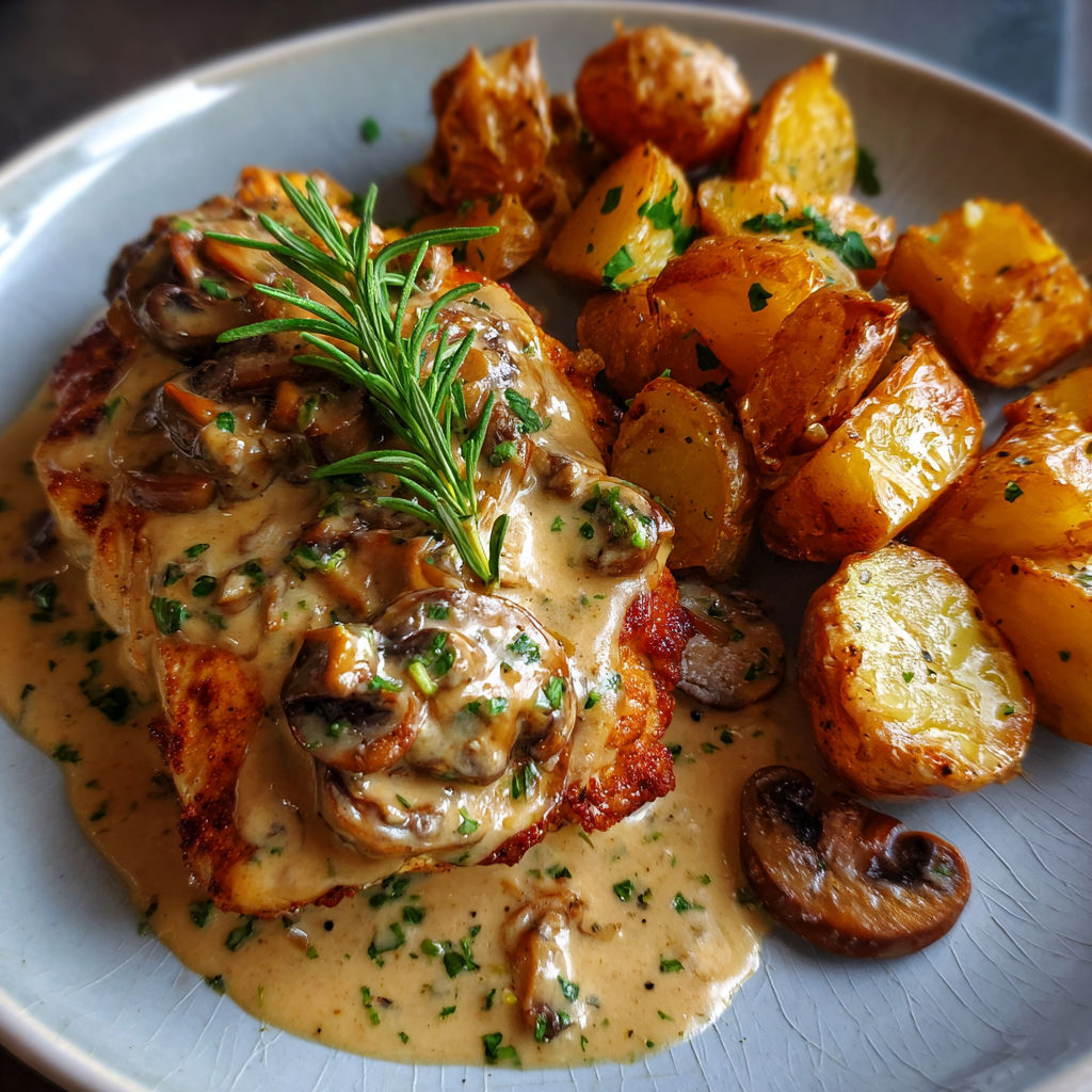 A plate of food with chicken and potatoes.