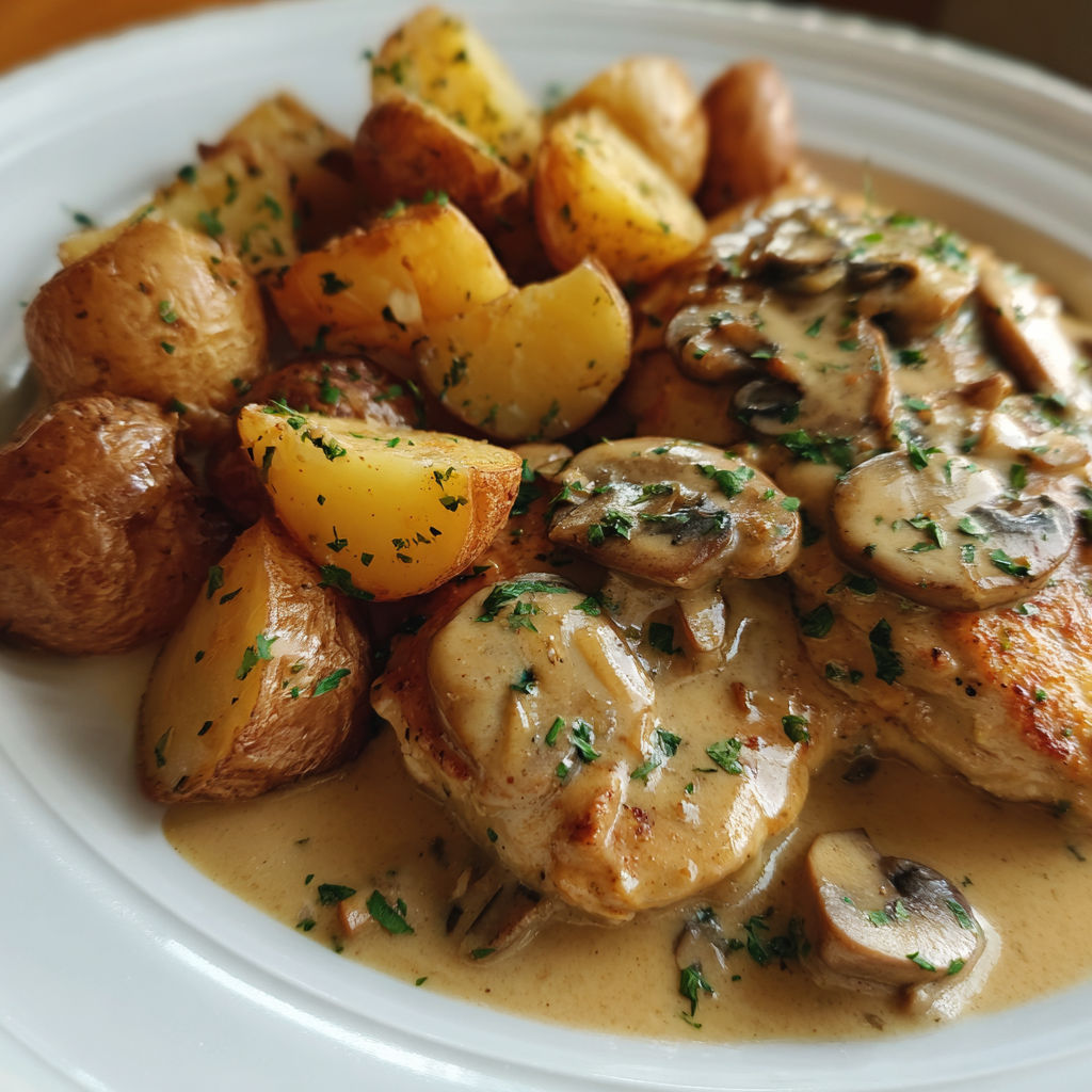 A plate of chicken with mushrooms and potatoes.