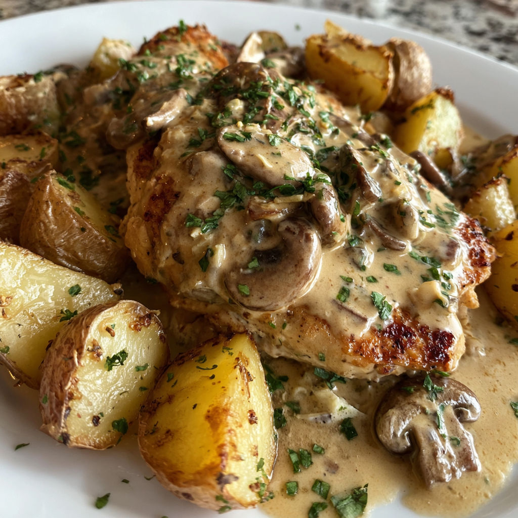 A plate of chicken with mushrooms and potatoes.