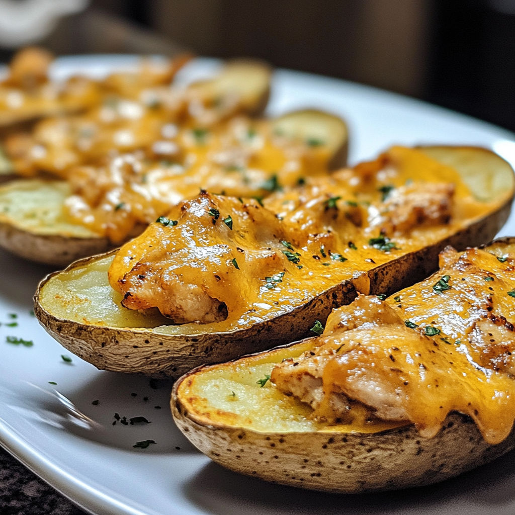 Cheesy chicken potato skins on a plate.