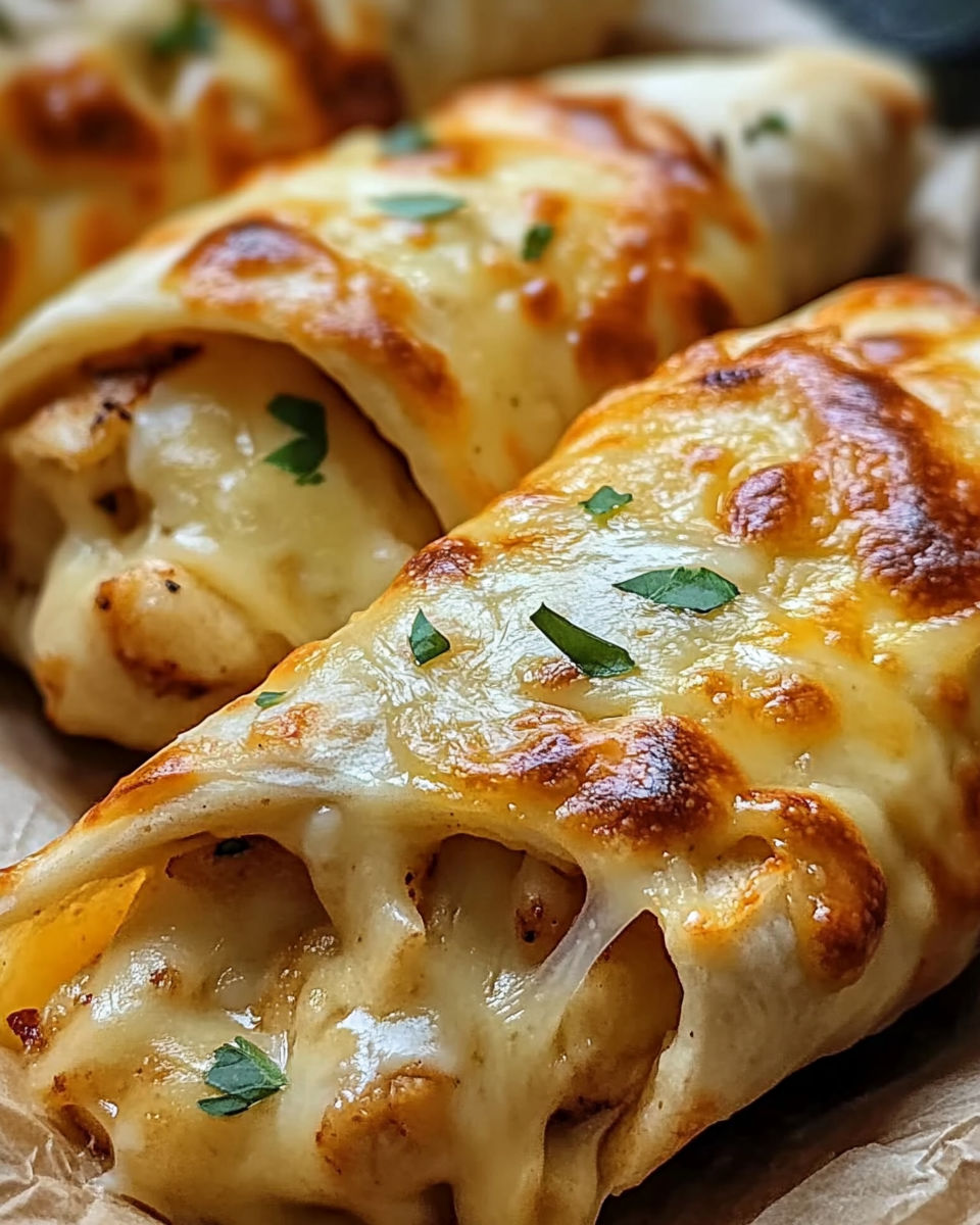 Two cheesy garlic chicken wraps on a table.