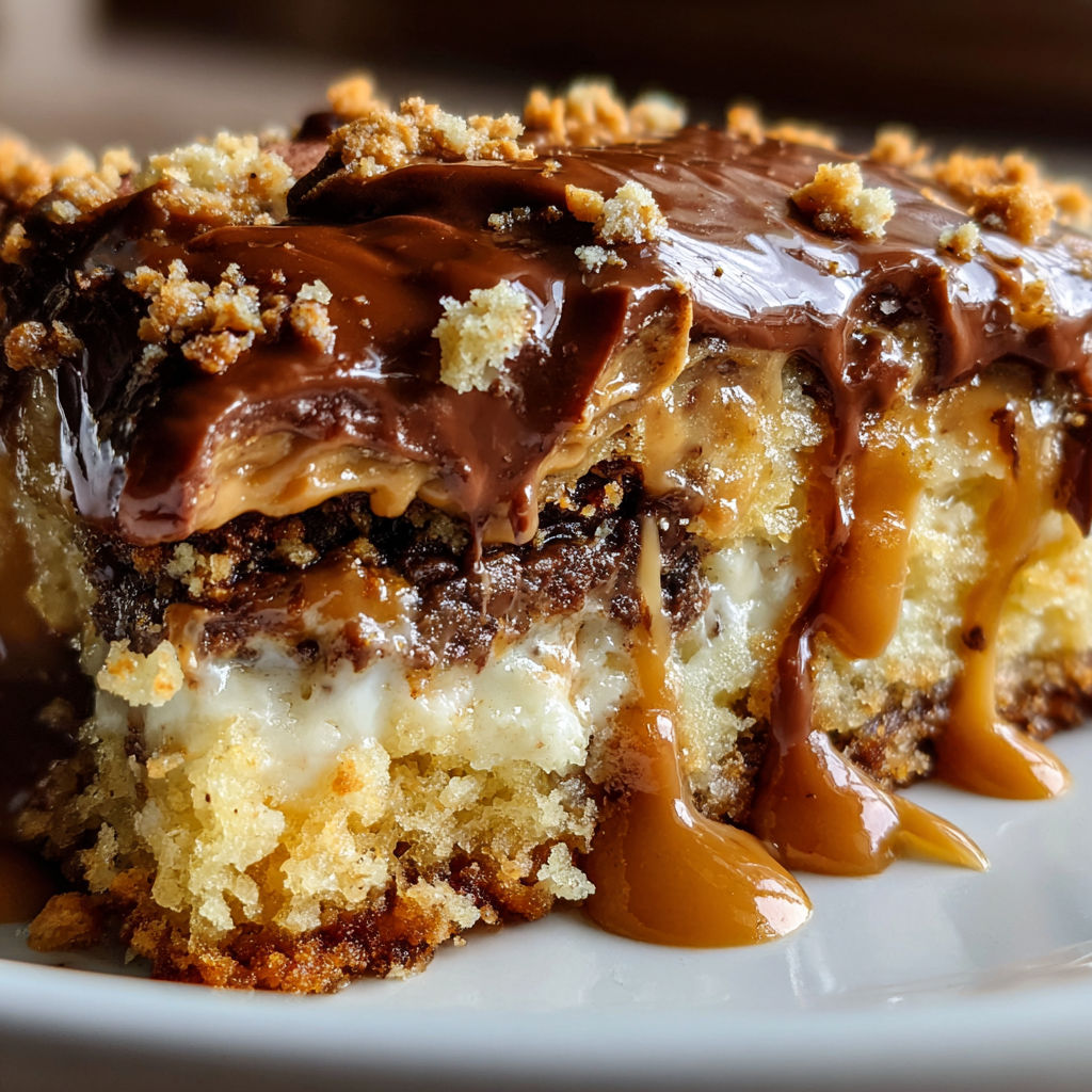 A slice of peanut butter and chocolate cake.