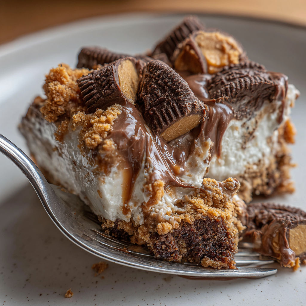 A slice of peanut butter cup dump cake.