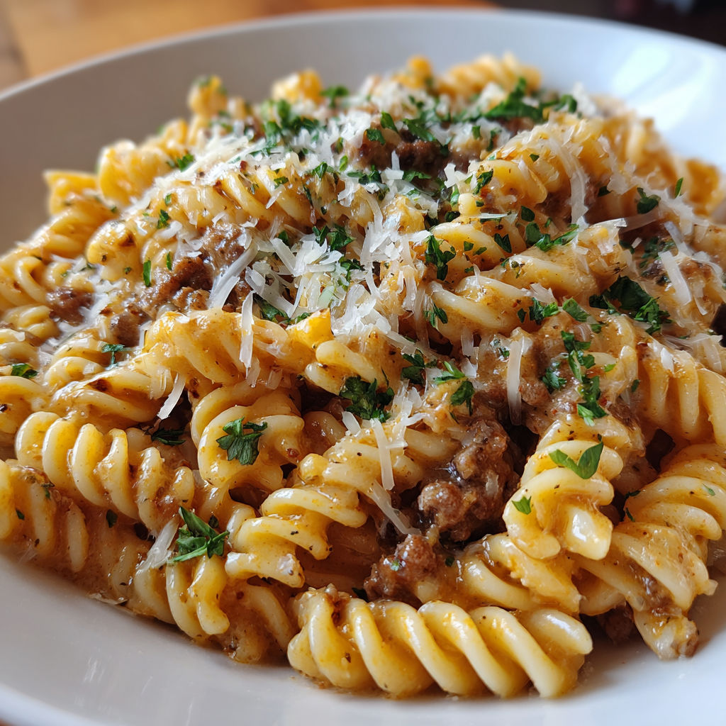 A plate of pasta with meat and cheese.