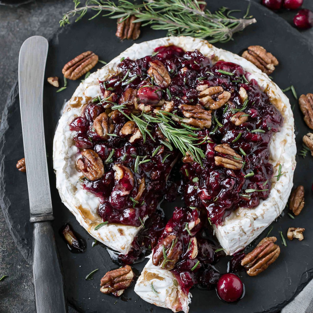 A slice of baked brie with cranberries and pecans.