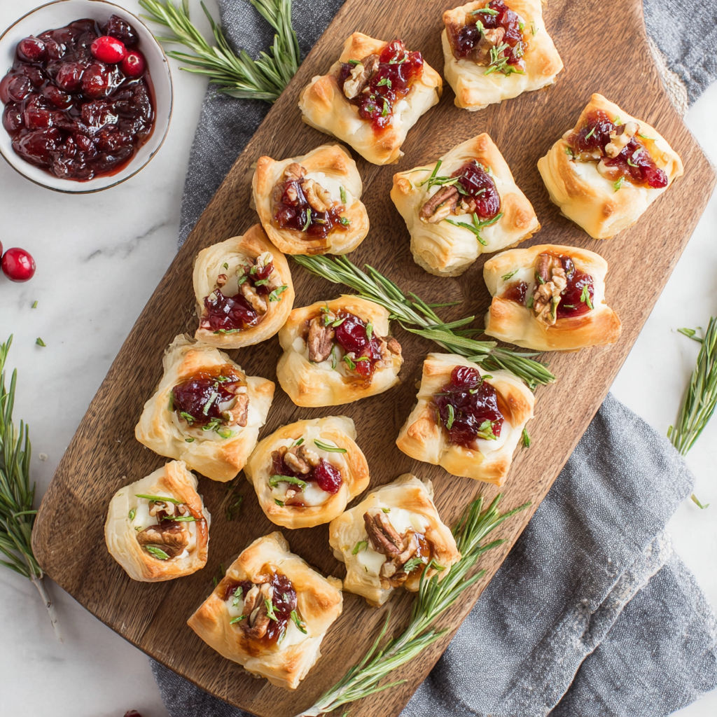 A wooden platter with a variety of Cranberry Brie Bites.