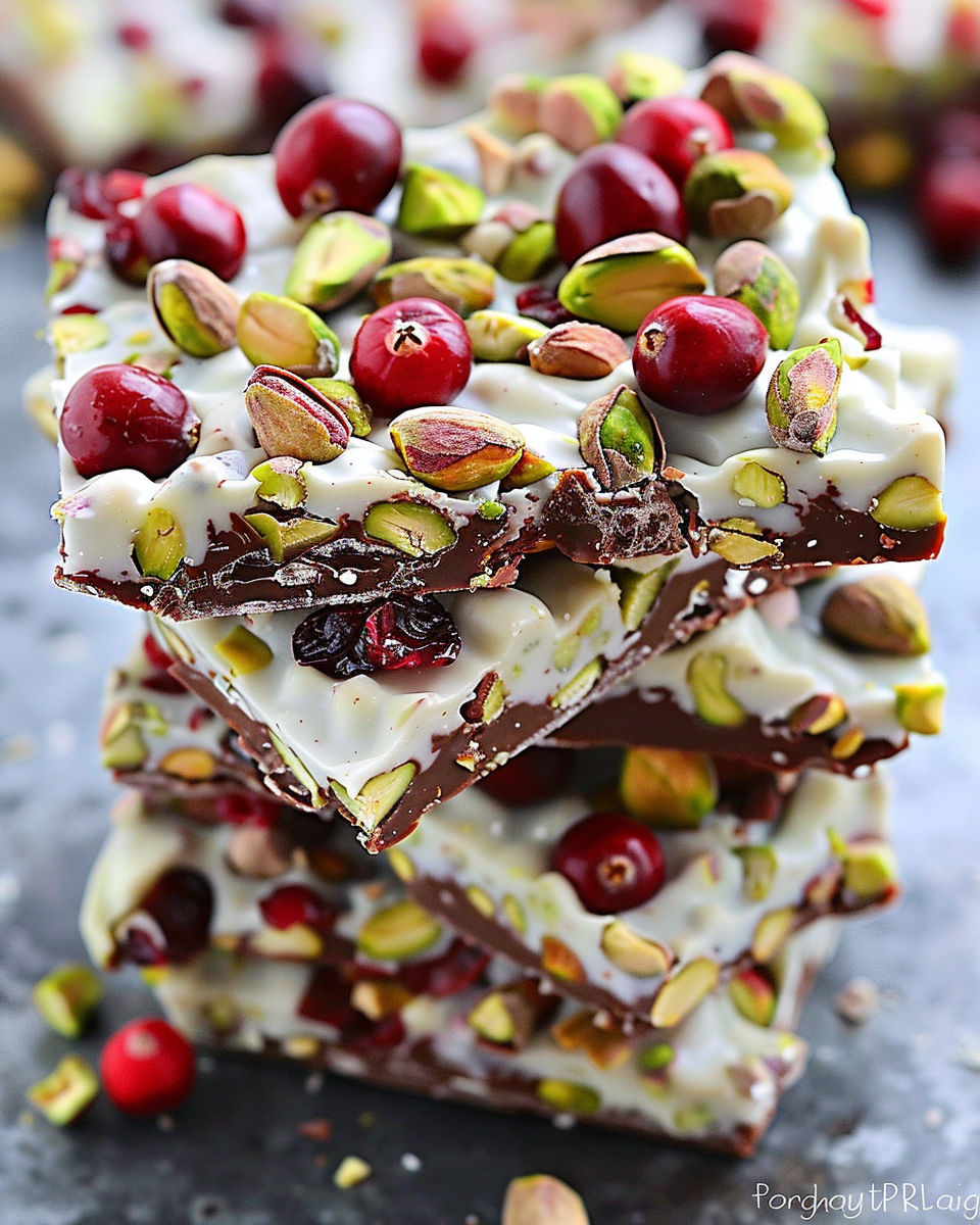 A stack of chocolate bars with nuts and cranberries.