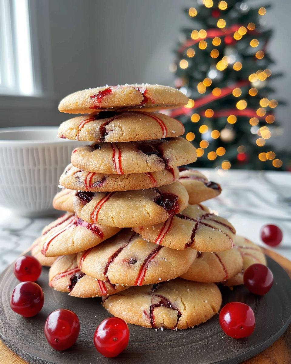 A stack of cookies with red and white icing.
