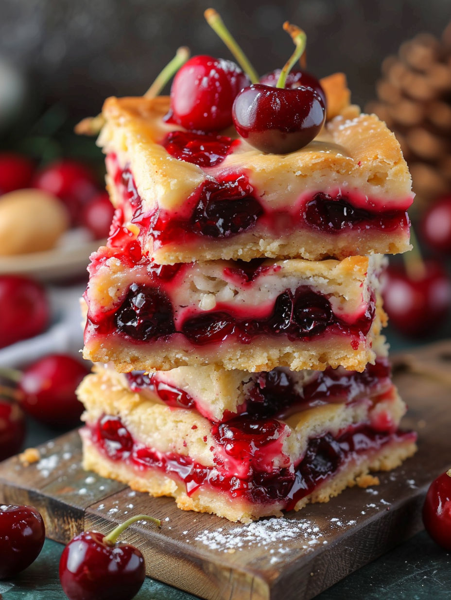 A stack of cherry bars with a cherry on top.