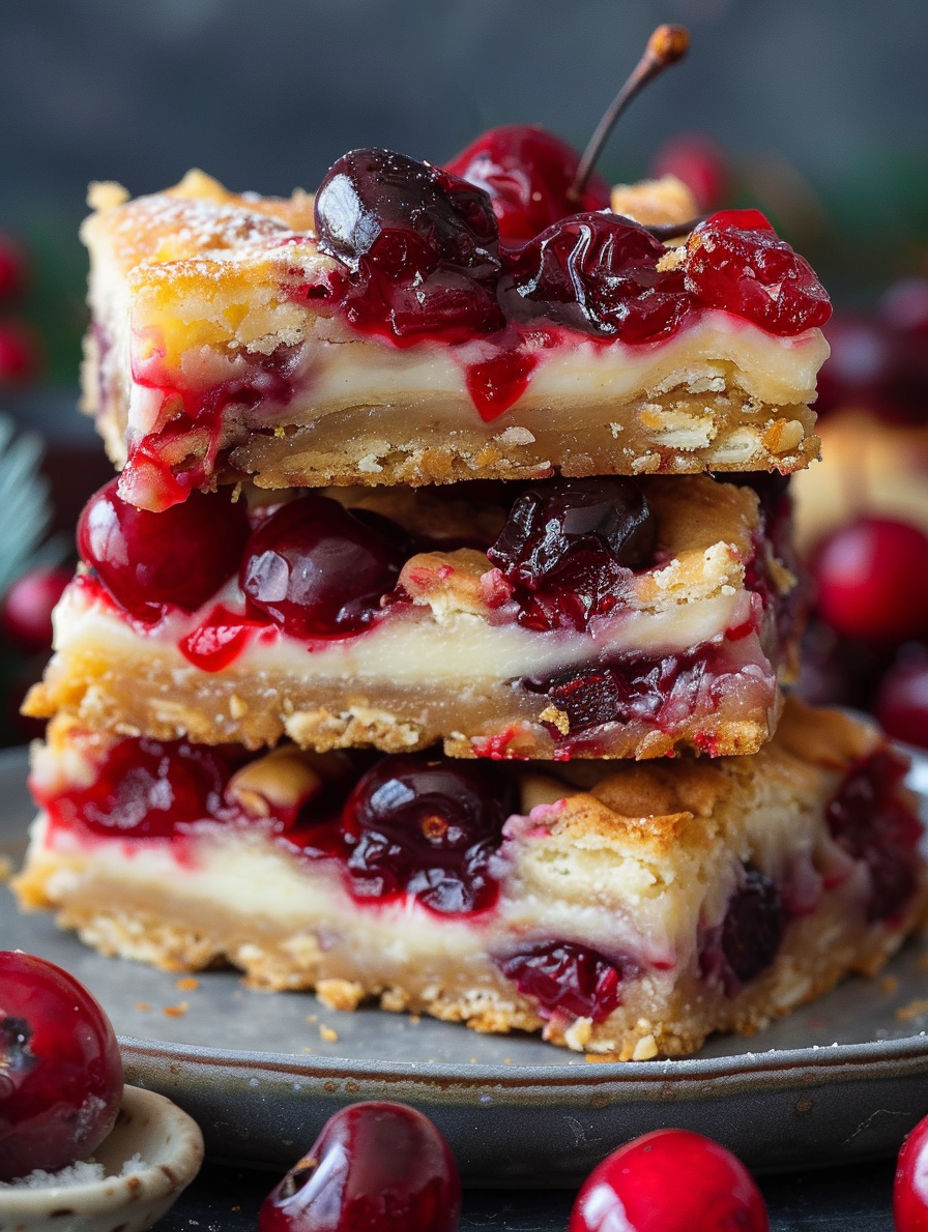 A stack of desserts with a cherry on top.
