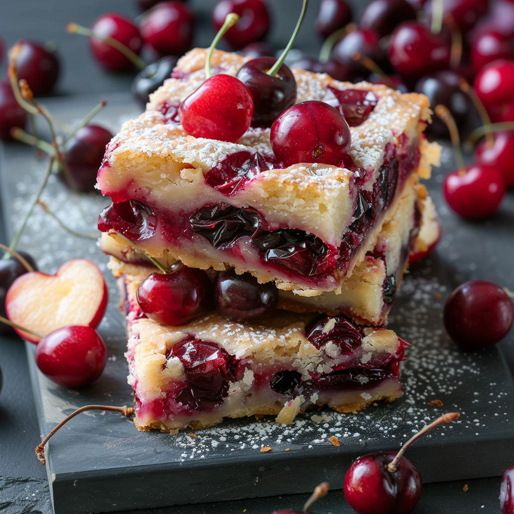 A piece of cake with cherries on top.