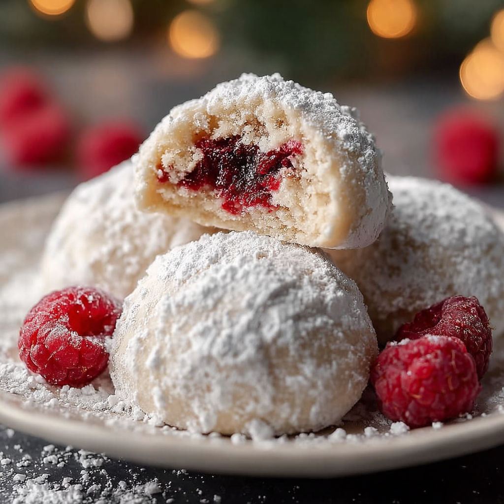 Almond snowball cookies with raspberries on top.