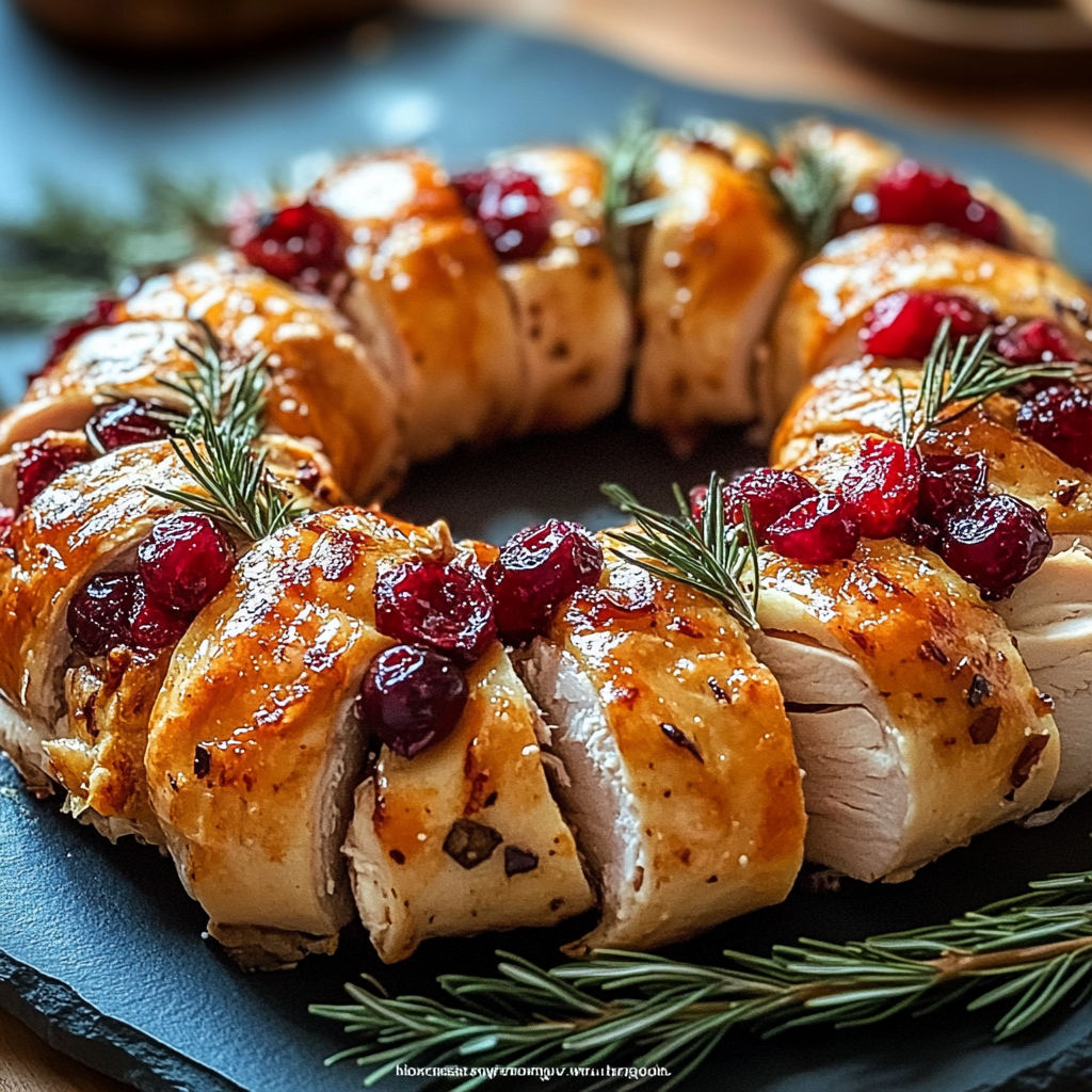 A roasted chicken with a crown of rosemary and cranberries.