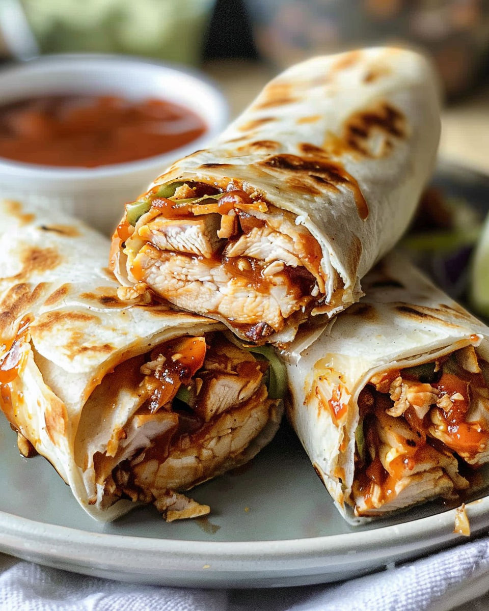 Crispy BBQ Chicken Wraps with sauce.