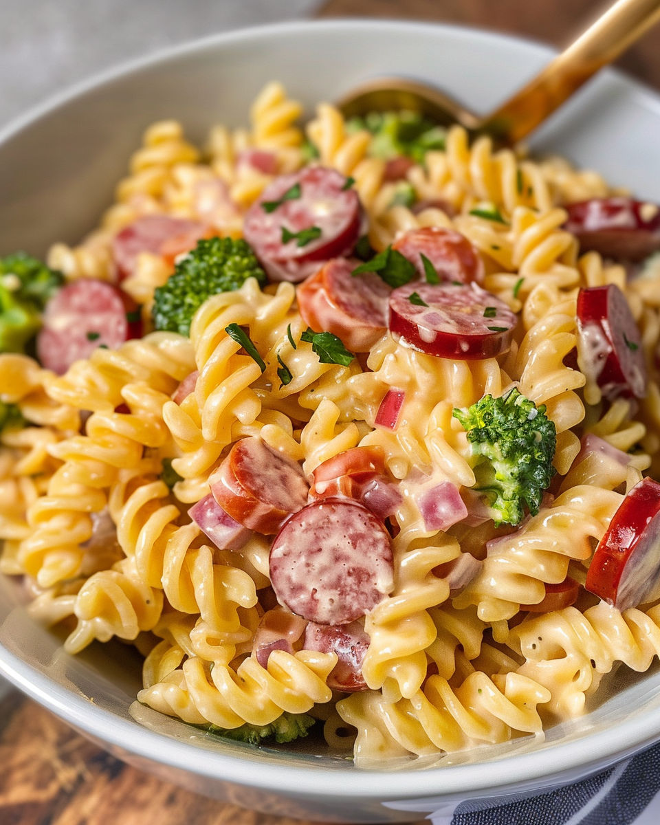A bowl of creamy pasta salad with sausage.