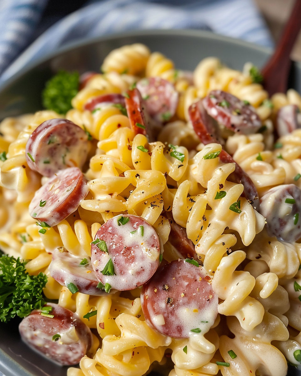 A bowl of pasta with sausage and broccoli.