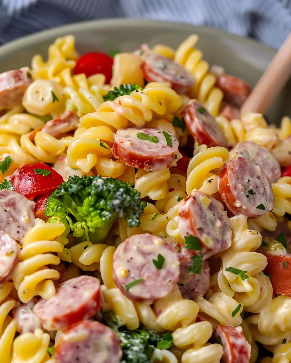 A bowl of pasta with meatballs and broccoli.