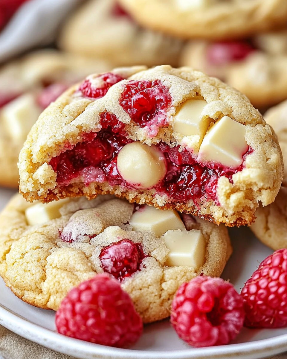 A close up of a white chocolate and raspberry cookie.