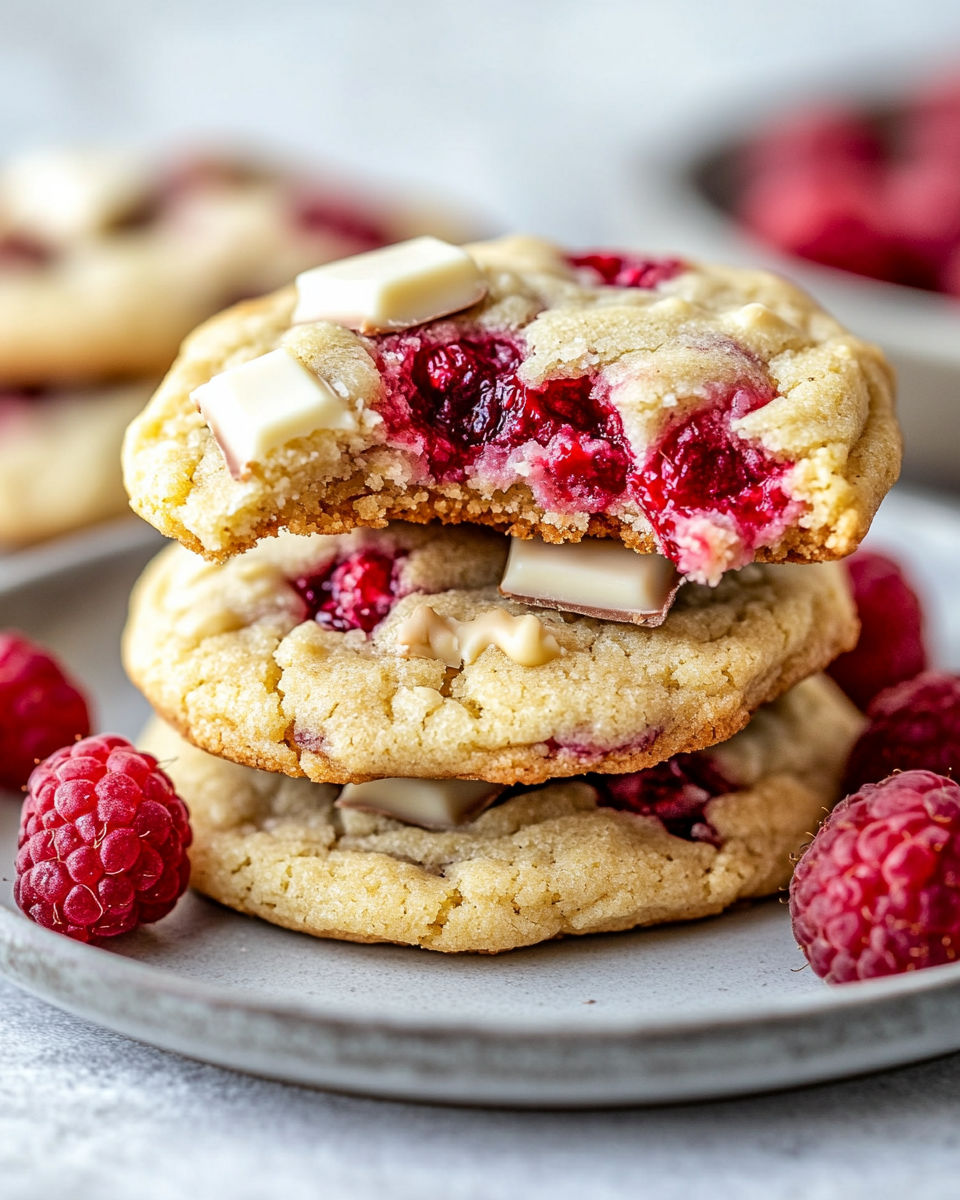 White chocolate and raspberry cookies stacked on a plate.
