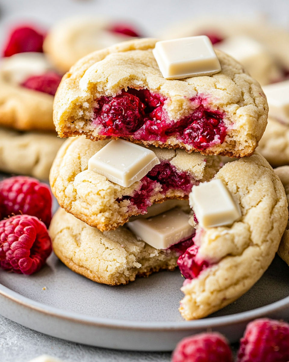 A stack of white chocolate and raspberry cookies.