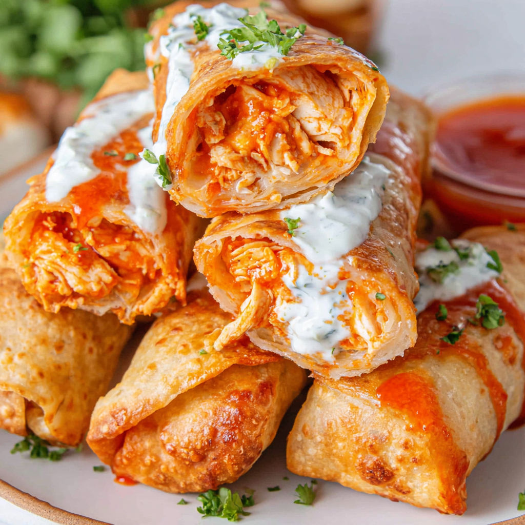 A plate of Buffalo Chicken Quesadilla Egg Rolls.