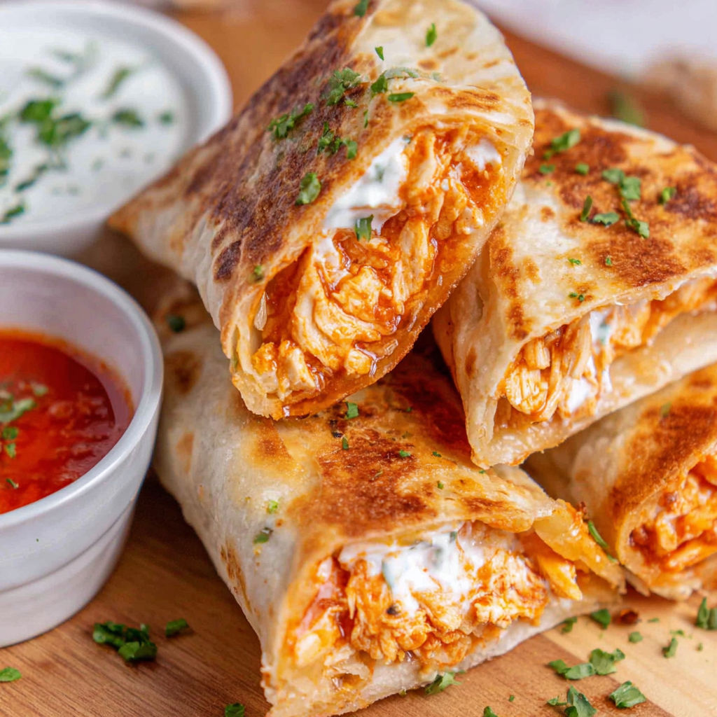 A plate of food with a bowl of sauce and a wrap.