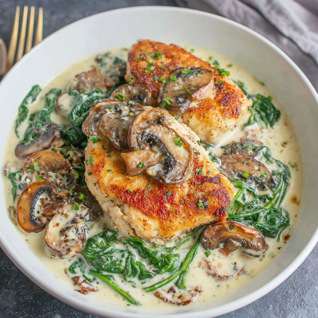 A bowl of creamy chicken with mushrooms and spinach.