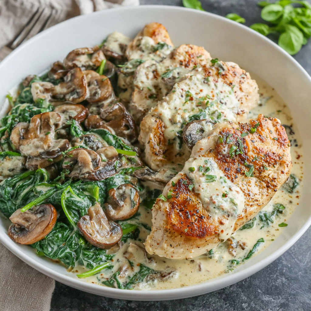 A plate of food with mushrooms and chicken.