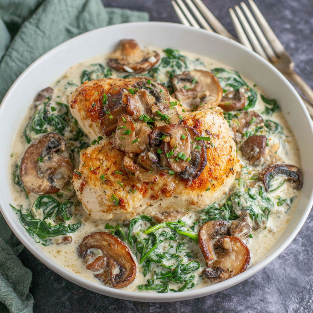 A bowl of food with mushrooms and chicken.