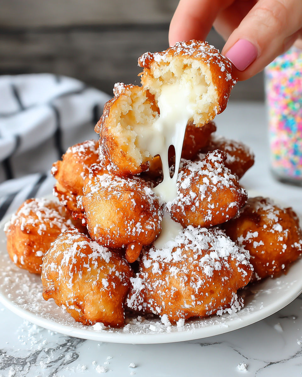 A hand is dipping a funnel cake bite into a container of powdered sugar.