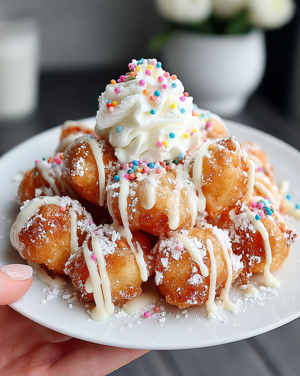 A plate of funnel cake bites air fryer style.