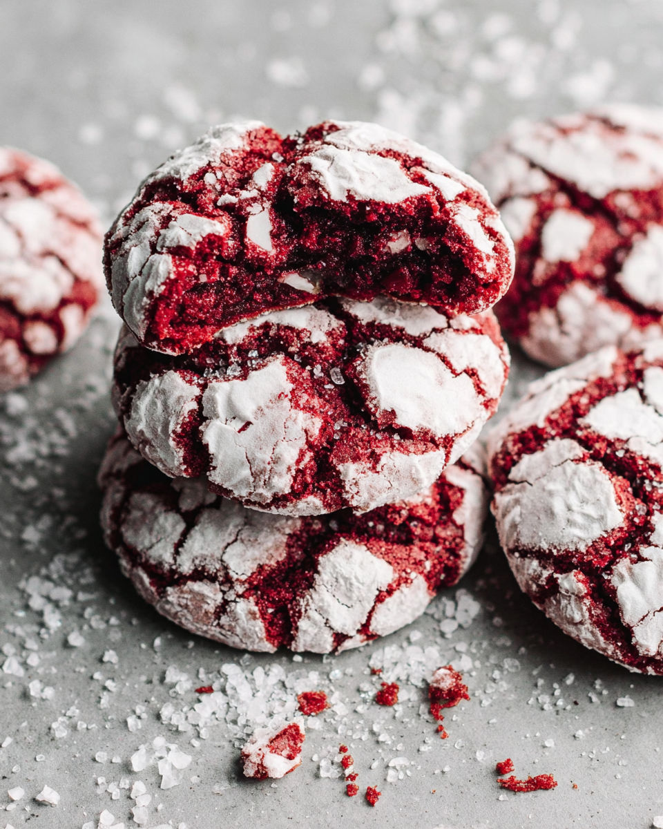 Red velvet crinkle cookies on a table.