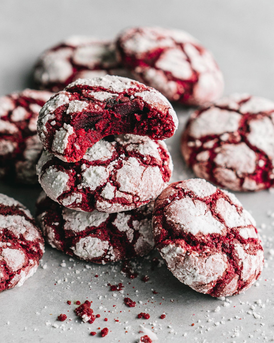 Red velvet crinkle cookies on a table.