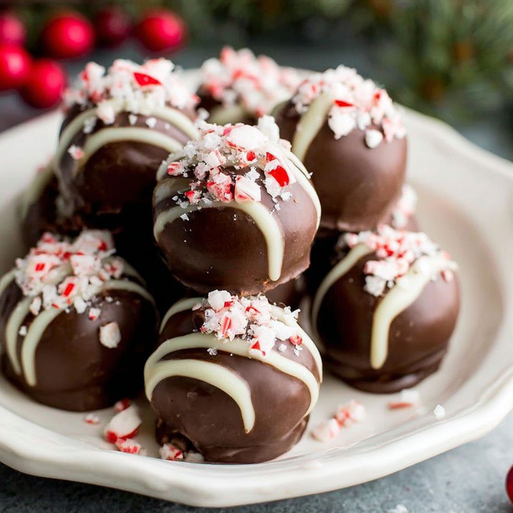 A plate of chocolate covered candy balls with red and white sprinkles.