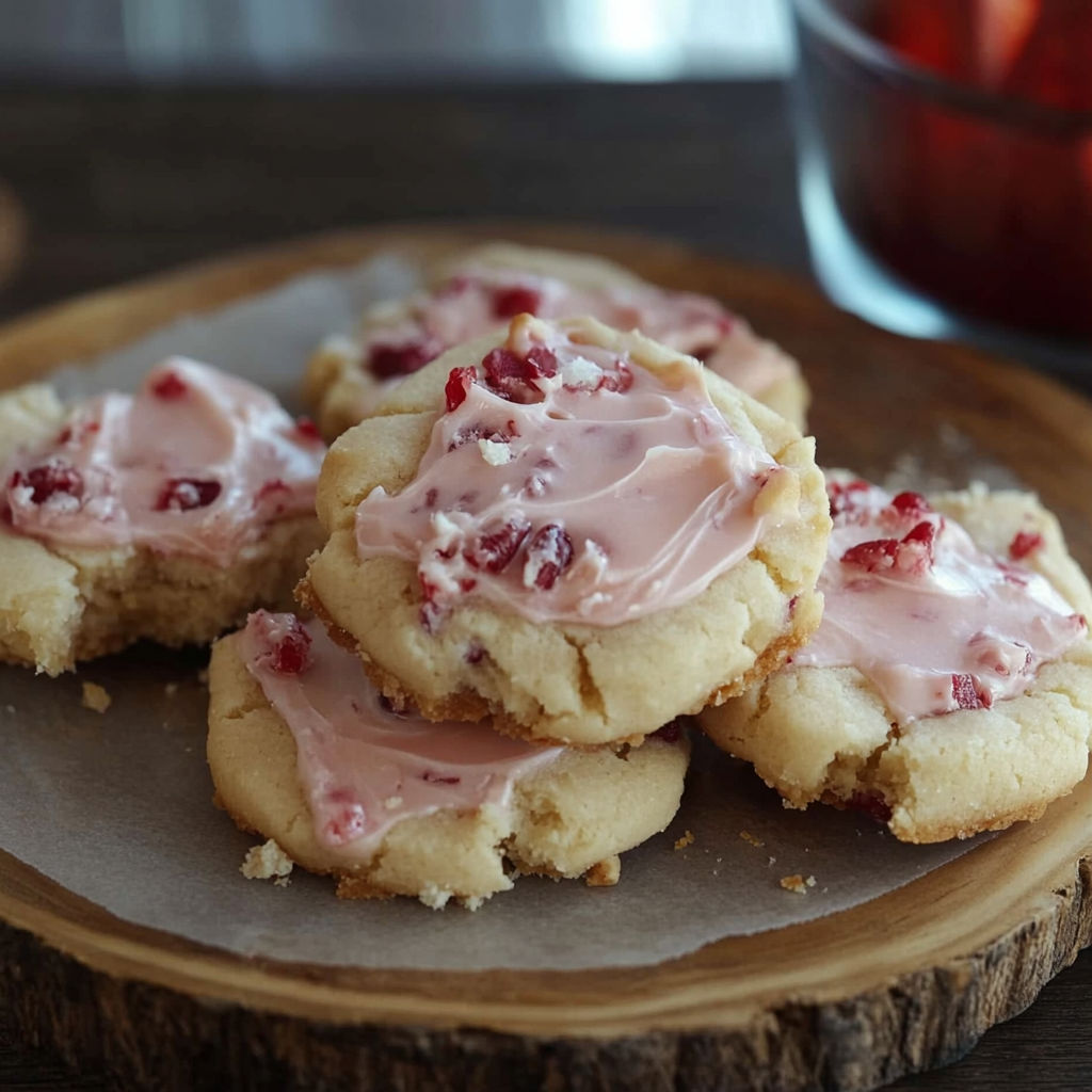 A plate of cookies with pink frosting.