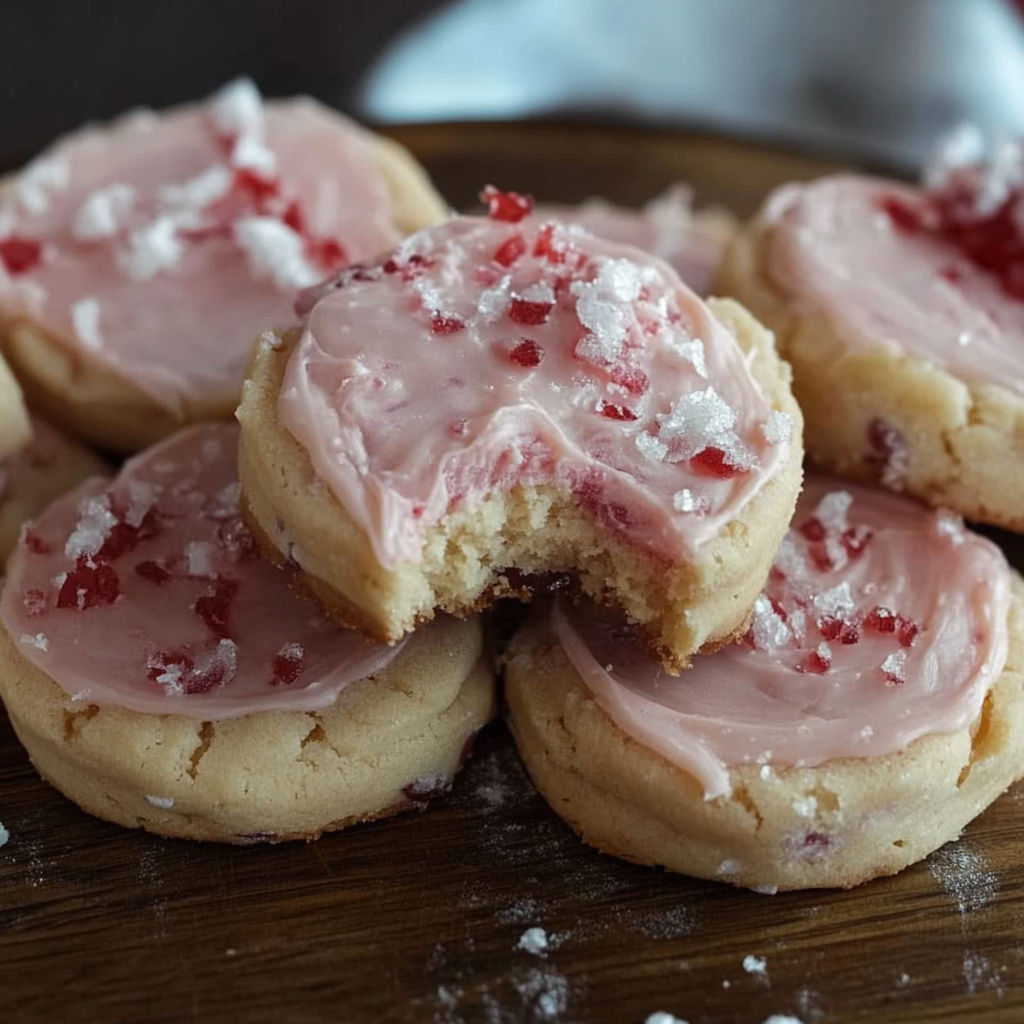 A plate of cookies with red and white frosting.