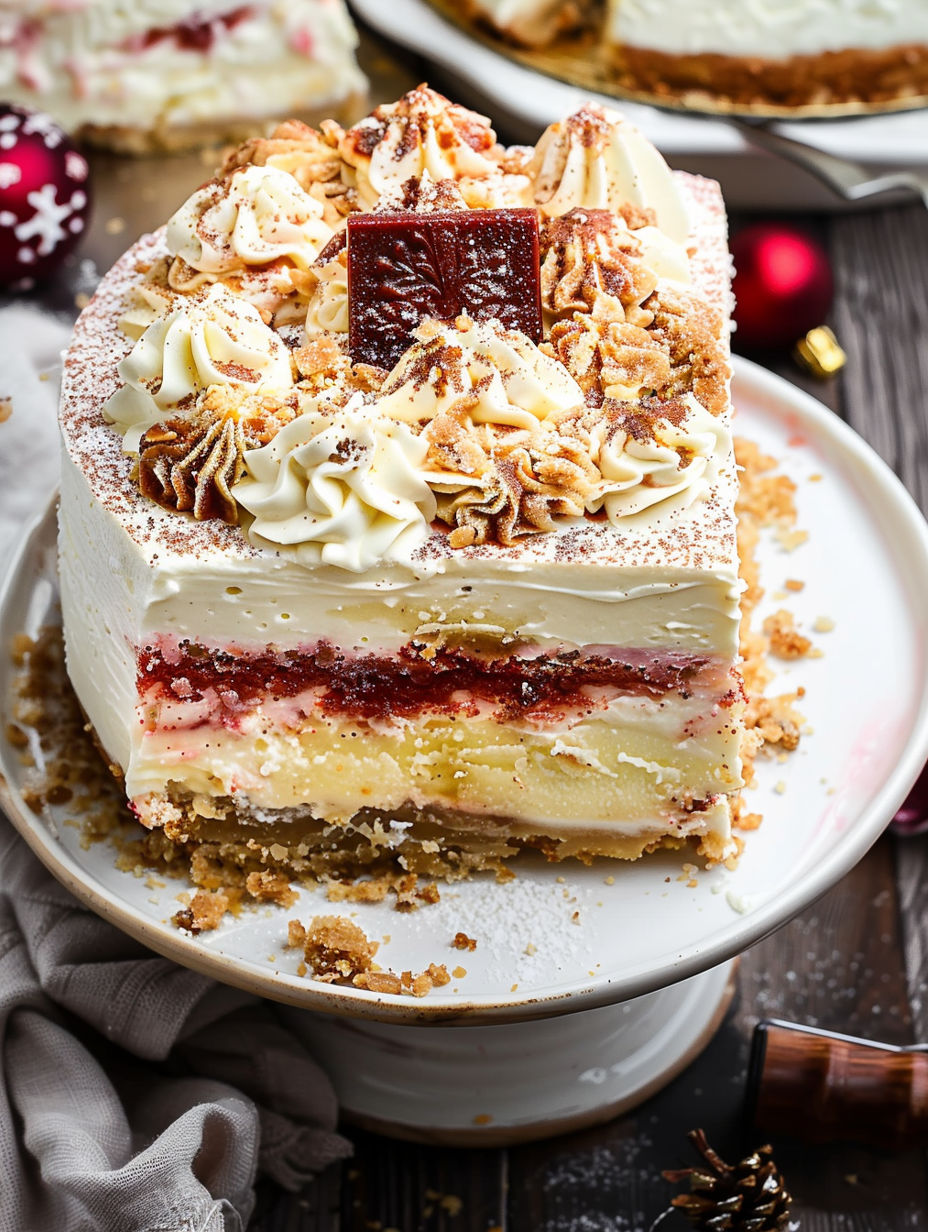 A slice of Christmas pie cake.